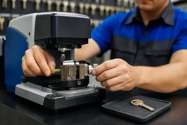 Profissional copiando chaves com equipamentos especializados em Blumenau.