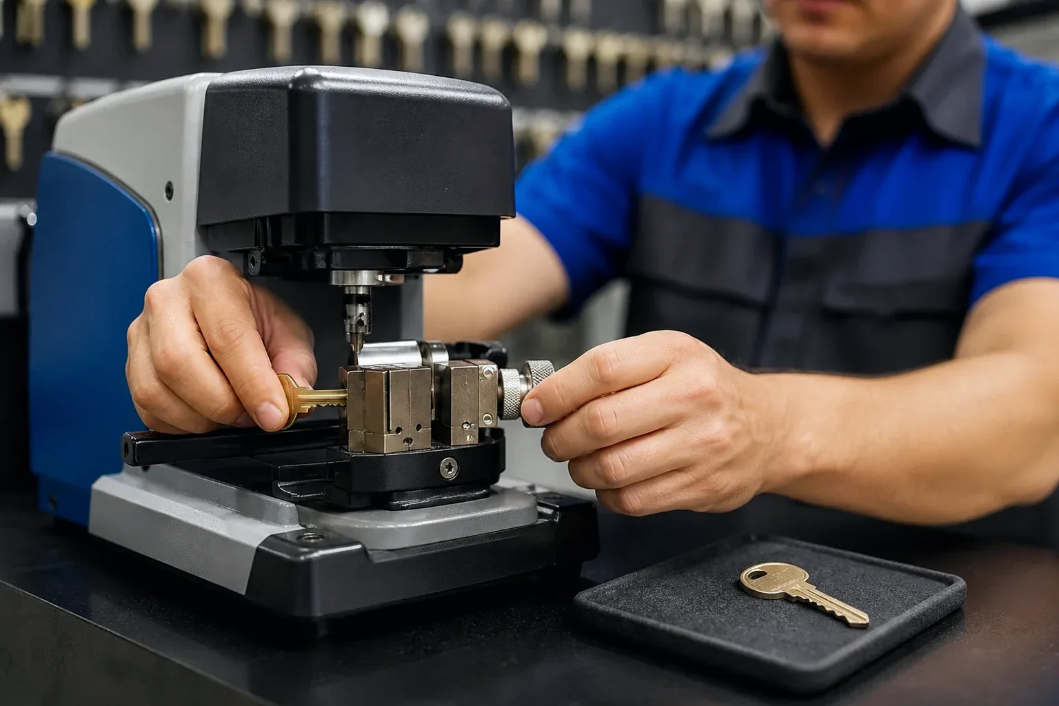Profissional copiando chaves com equipamentos especializados em Blumenau.